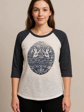 Womens Sz L Borgata White With Blue Raglan Sleeves Baseball T-Shirt ¾ Sleeve